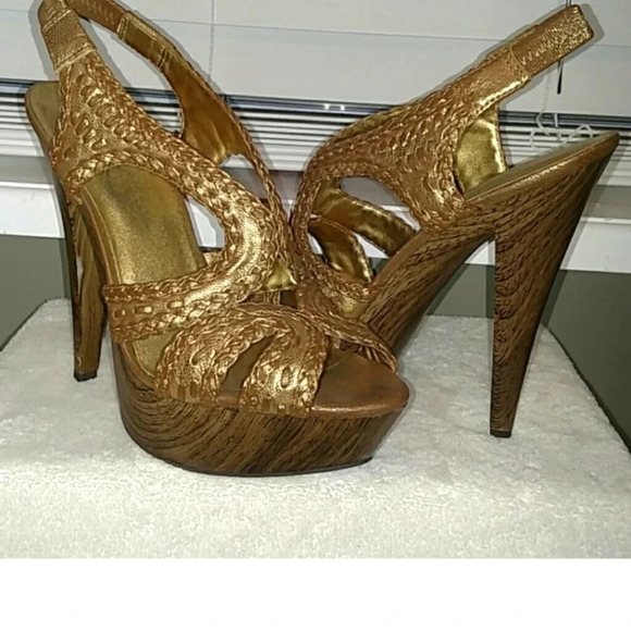 Jessica Simpson Women's Gold Platform Heels Size 7.5 Braided Ankle Strap - Picture 4 of 13
